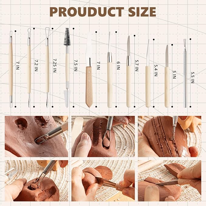 22PCS Wooden Pottery Sculpting Tools, Wood Clay Cleaning Tool Set, Ceramic Modeling Tool for Carving, Molding, Cutting, Trimming, Pottery Wheel, Crafting Supplies, Beginners, Adults, Students
