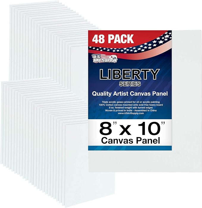 U.S. Art Supply 8 X 10 Inch Art Canvas Board Panels 48 Pack - 8 Ounce | Heavyweight Cotton Acid Free Canvases for Painting Acrylics and Watercolor (1 Case of 48 Single Canvas Painting Panels)