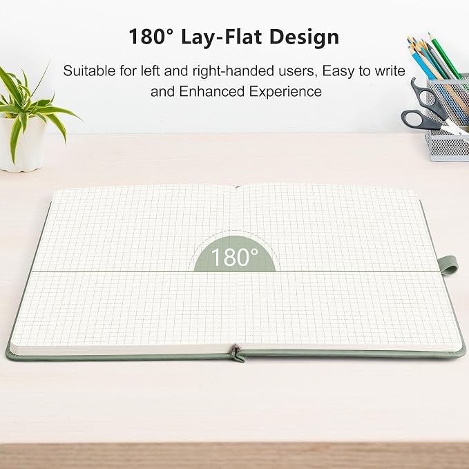RETTACY Graph Grid Paper Notebook, 192 Pages, A5 Size (5.7'' x 8.3'') | 5 Squares per Inch, Leather Hardcover, 100 GSM Thick Paper, for School, Students, Math, Engineering (Sage Green)