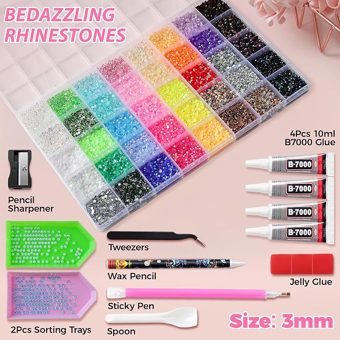 50000Pcs 40 Colors Resin Jelly Rhinestones for Bedazzling, 3mm Multicolor Flatback Gems for Crafting, Bedazzler Kit with 4Pcs 10ml B7000 Glue&Tool for Clothes Book Shoes Nails Art Makeup