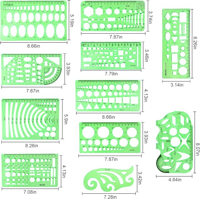11PCS Geometric Drawings Templates, Drafting Stencils Measuring Tools, BetyBedy Plastic Clear Green Ruler Shapes with a Zipper Bags for Architecture, Office, Studying, Designing and Building