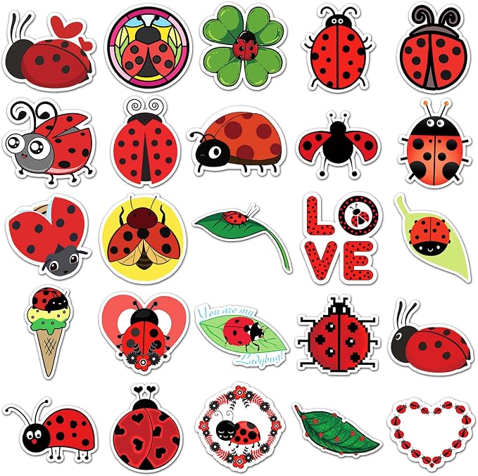 50Pcs Waterproof Ladybug Stickers, Cute Ladybird Vinyl Decals for Water Bottle, Laptop, Luggage, Skateboard, Scrapbooking, DIY Decor (Ladybug)