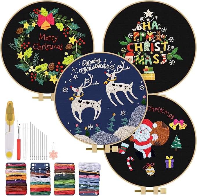 TINDTOP Christmas Embroidery Kit for Adult, Embroidery DIY Starter Kit | 4 Pack with Stamped Patterns, Hoop, Tools, Colorful Threads with Needles, Instructions