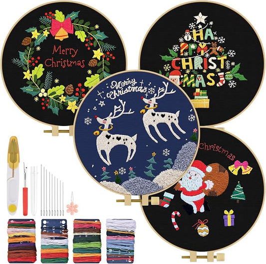 TINDTOP Christmas Embroidery Kit for Adult, Embroidery DIY Starter Kit | 4 Pack with Stamped Patterns, Hoop, Tools, Colorful Threads with Needles, Instructions