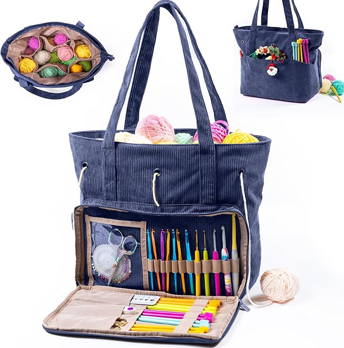 MYBAGZING Large Yarn Tote Organizer – Corduroy Knitting Storage Holder for Yarn, Hooks & Accessories, Portable Craft Carryall for Crocheting Lovers, Mother’s Day Gift