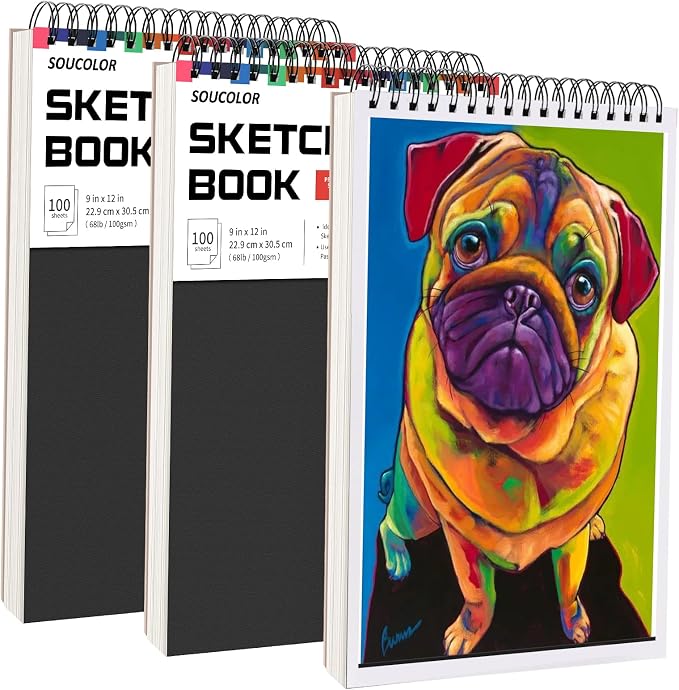Soucolor Sketch Book,3 Pack 9"x12" Sketchbook for Kids Drawing Paper Pad | 300 Sheets Spiral Bound, Acid-Free 68lb/100gsm Art Paper for Kids Artists, Perforated Pages Suitable for all dry media