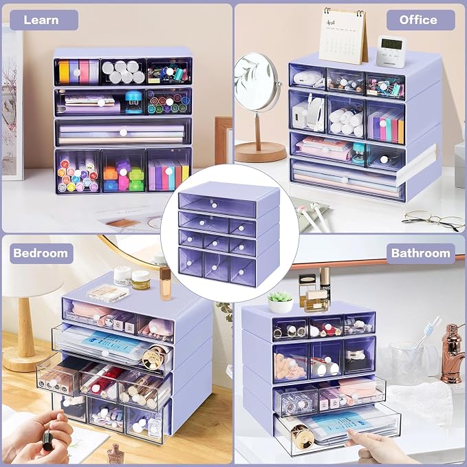 Desk Storage Organizer with 9 Drawers, 4 Tiers Stackable Desktop Craft Storage Drawers, Clear Storage Box Caddy for Stationary Makeup Jewelry Office Craft Supplies (Purple)