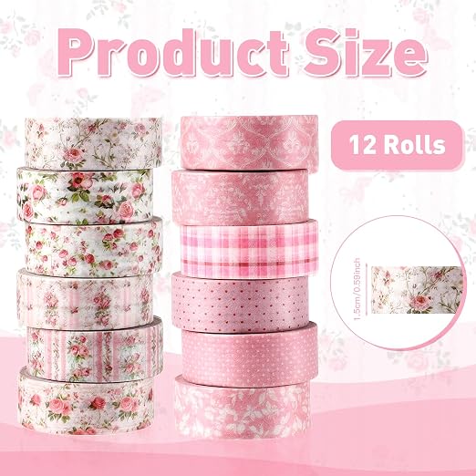 12 Roll Floral Washi Tape Set Flower Decorative Masking Tape for Scrapbook | Pink Floral Print Washi Tape Set for Back to School Arts DIY Craft Scrapbook Journal Supplies Gifts