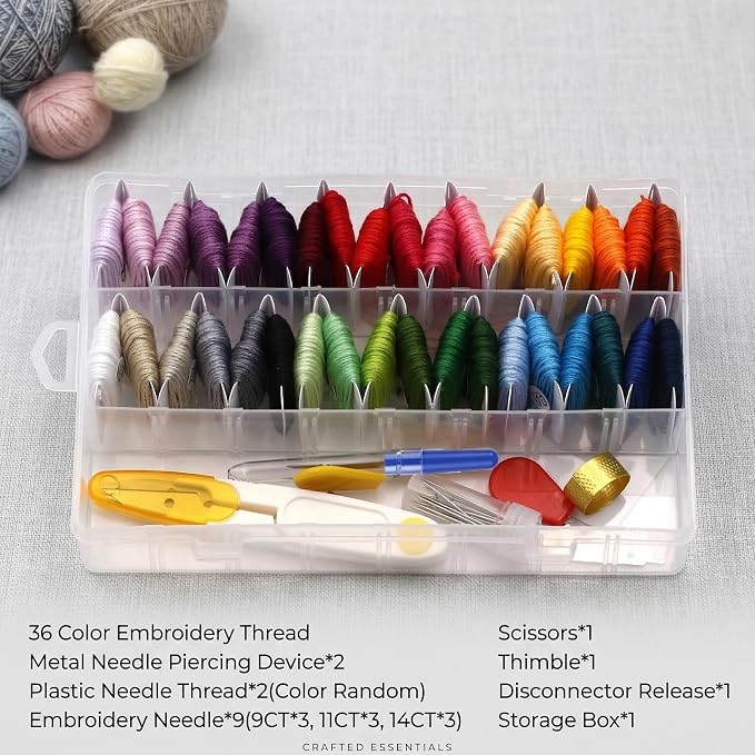 Huacan 36 Colors Embroidery Thread Kit Full Starter Tools with Storage Box