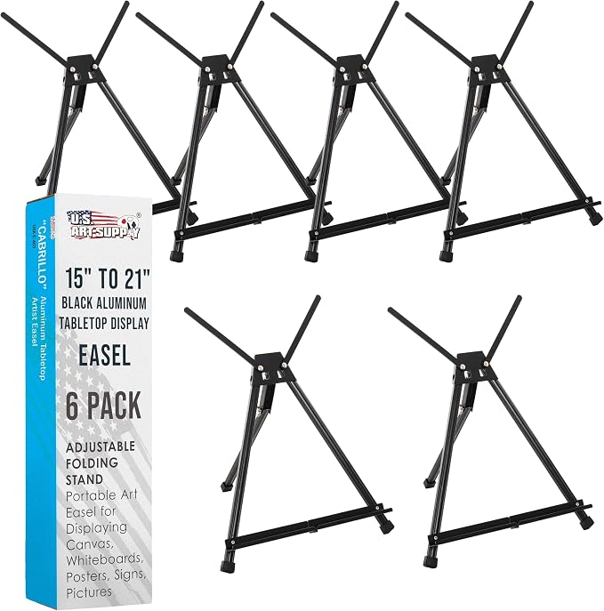 U.S. Art Supply Tabletop Easel for Painting - 15" to 21", Black, Pack of 6 | Adjustable Metal Painting Easel - Portable Art Easels for Display Table Stand - Canvas, Whiteboards, Posters, Signs, Drawings