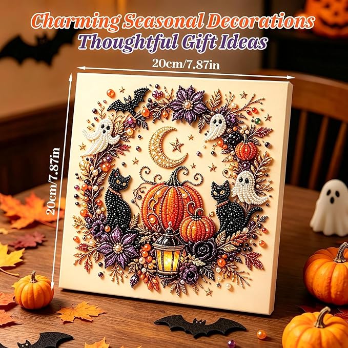 Irsnianianfa Halloween Pearl Art Kit for Adults,Diamond Art Painting Crafts Kit,Spooky Cute Witch & Pumpkin Canvas Art,DIY Fall Home Decor & Wall Art (A02)