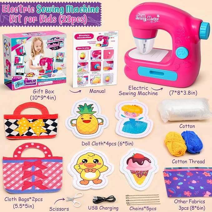 TUZT Mini Sewing Machine Toy Kit for Kids Beginners, 22pcs Portable Electric Sewing Machine with Sewing Kit, Light and Finger Guard, Birthday Christmas Gift for Kids Girls 4-12