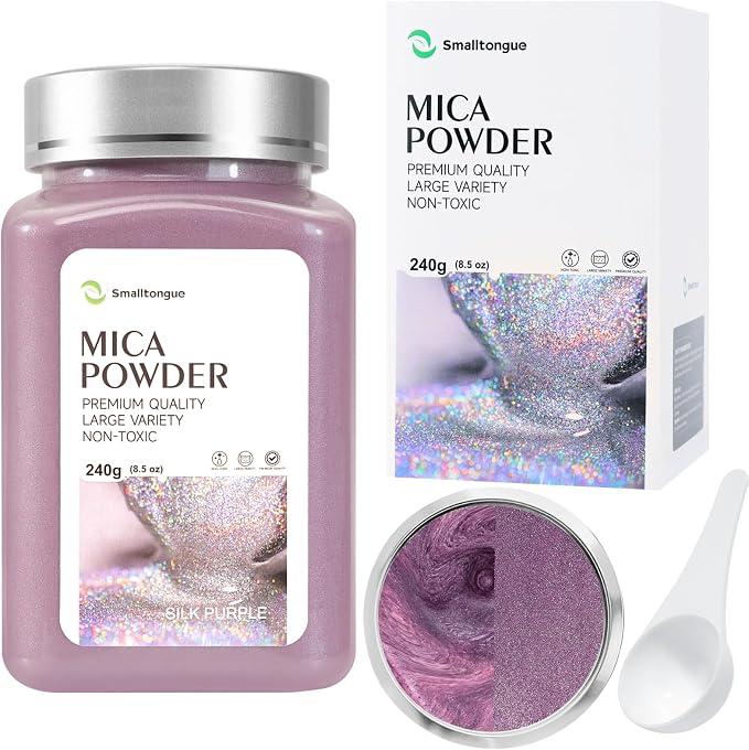 Mica Powder, Silk Purple, 240g with Scoop, Complies with ASTM D-4236 | For Epoxy Resin, Soap, Bath Bomb, Candle| Safety Material| Odorless| Brilliant Colors