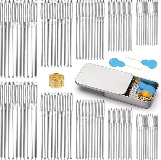 TLKKUE 100Pcs Steel Large-Eye Blunt Needles, Tapestry Needle 5 Sizes | Needle Threader Thimble, Yarn Needles for Sewing Knitting Crafting Weaving Crochet Tapestry (Silver, 5 sizes/100pcs)