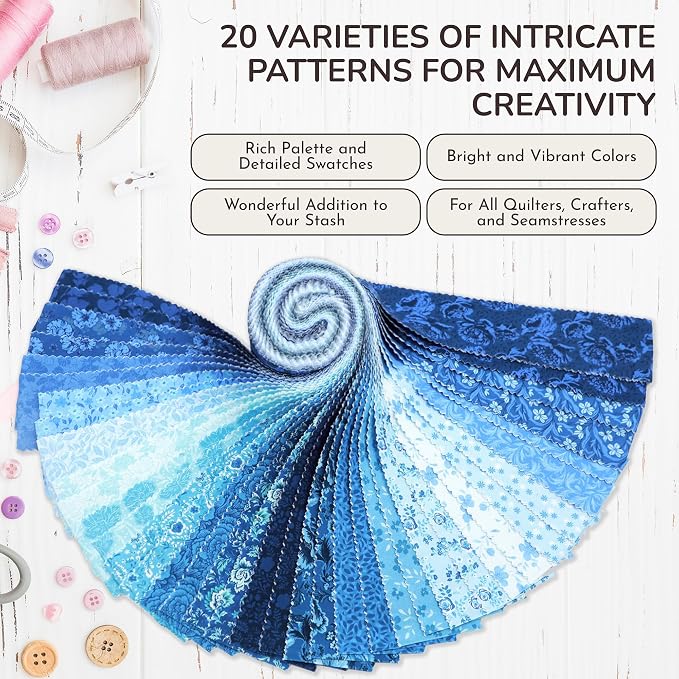 Tinyspool & Co.'s Twirlie Roll 40 Precut Quilting Fabric Strips for Quilting Supplies, Crafting, and Sewing, Soft Cotton Strip for Blanket, Rug, Upholstery, Home Decor, and Purse Making, Eternal Bleu