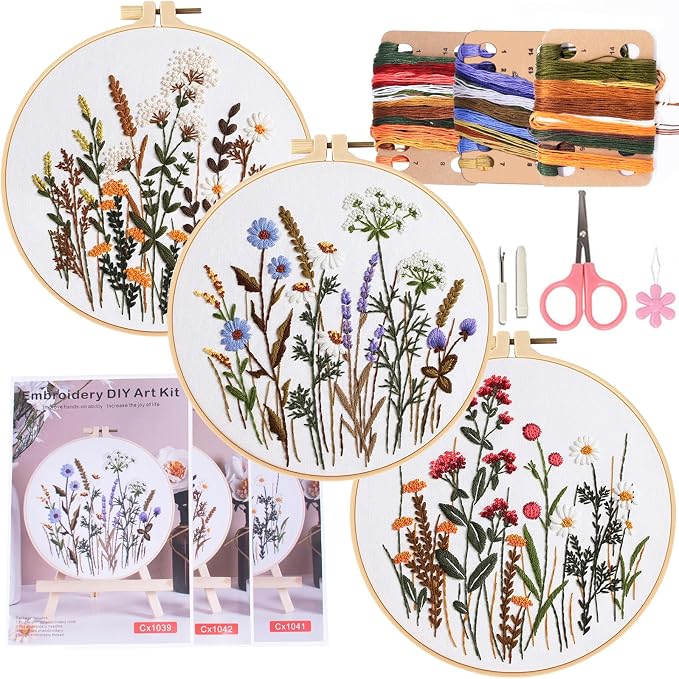 COCOMOX Floral Embroidery Kit for Beginners, Cross Stitch Practice Kits | 3 Differnt Flower Pattern, Hand Craft DIY Gift Kits, Easy to Follow with Instruction and Video