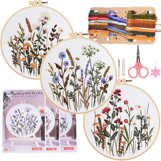 COCOMOX Floral Embroidery Kit for Beginners, Cross Stitch Practice Kits | 3 Differnt Flower Pattern, Hand Craft DIY Gift Kits, Easy to Follow with Instruction and Video