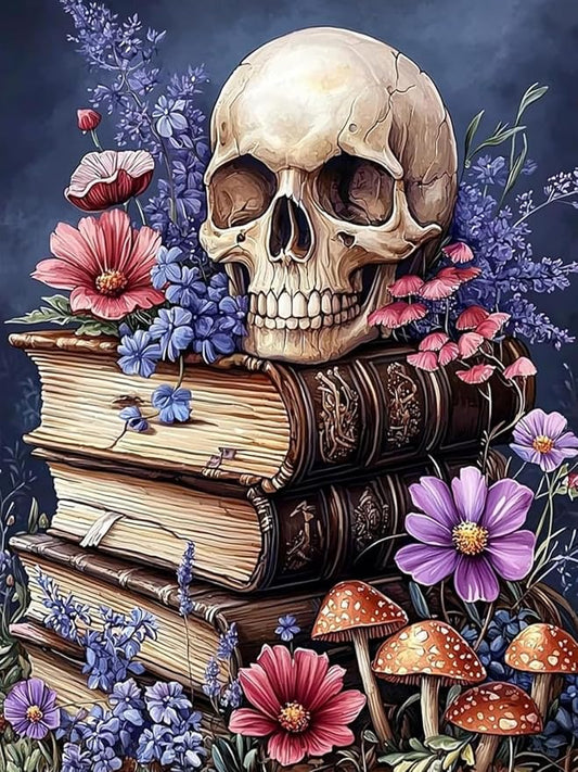 5D Vintage Skull Old Books Diamond Art kits for Adults Beginners 12x16inch | Wild Flower Diamond Painting Kit, DIY Full Round Drill Paint by Diamonds Dot Gem Art for Adult, Home Wall Decor