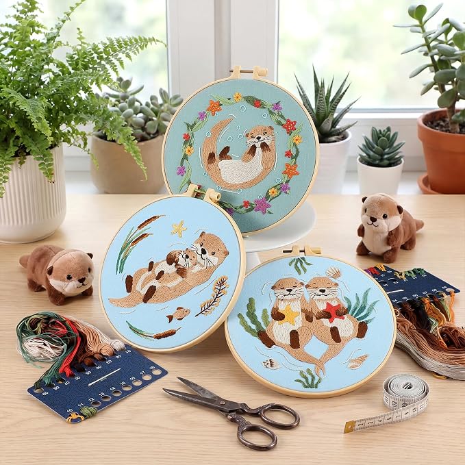 Mindsoft 3 Set Needlepoint Kit for Beginners with Hoop,Otter | Bamboo Hoop Thread Needles Instructions, Easy Hand Embroidery for Beginners Home Crafts,Pre-stamped Funny Cute Designs