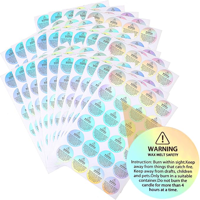 Zonon 600 Pieces Candle Warning Labels Candle Jar Container Stickers | For Jars Tins Containers, Round Stickers with Rainbow Iridescent, Safety Instruction Text, Handmade Candle Making Supplies