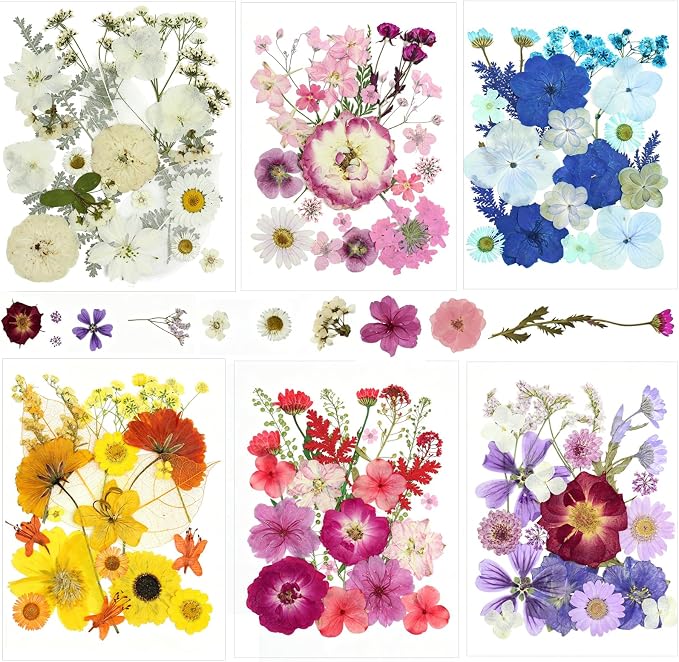Real Nature Dried Pressed Flowers Leaves(120PcsPink White Purple)