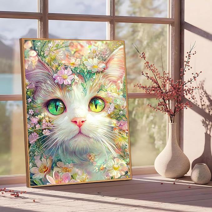 Cat Floral Paint by Numbers Kit for Adults Framed Canvas, Frameworkless