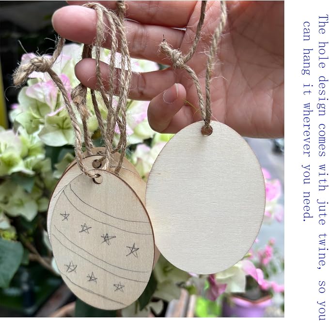 60PCS Unfinished Wood Egg Cutouts with Sling Hole