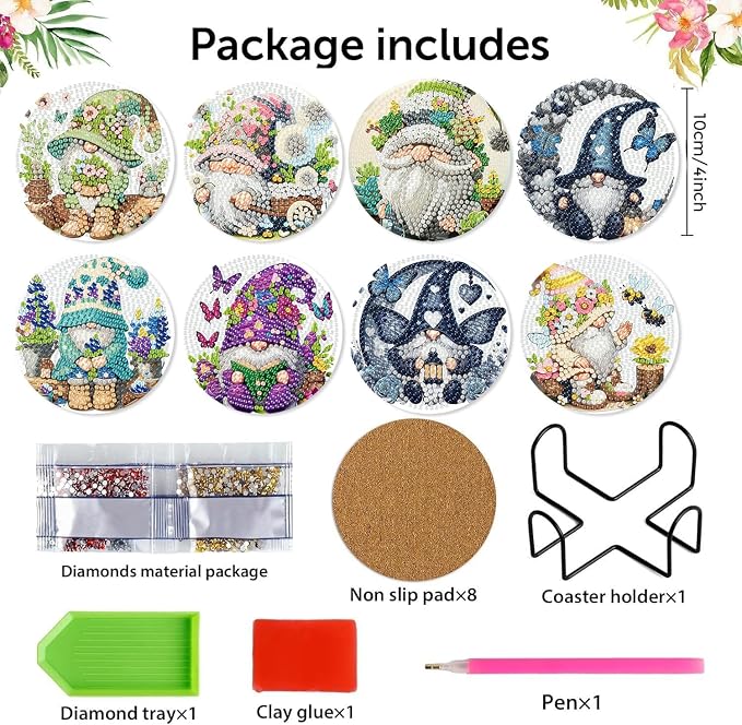 8 Pack Diamond Art Coasters Kits - Gnomes Diamond Painting Coasters Kits