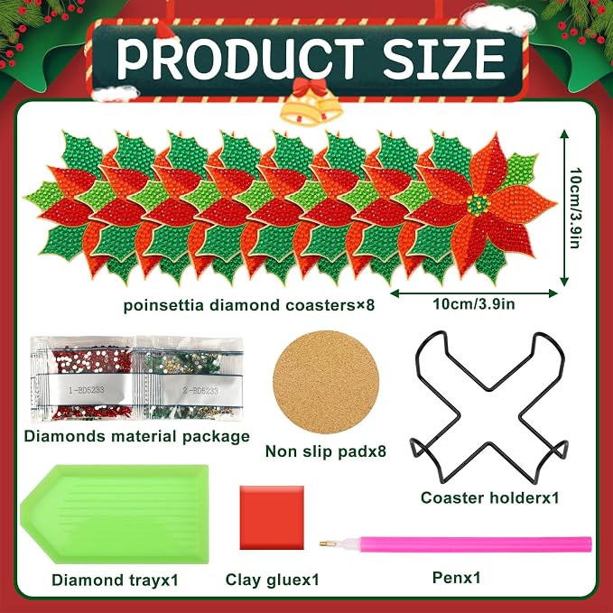UPINS 8Pcs Christmas Diamond Art Painting Coaster Kit, Poinsettia Coaster Christmas Red Flower Coasters with Holder for Xms DIY Crafts Gifts Holiday Home Kitchen Table Decor