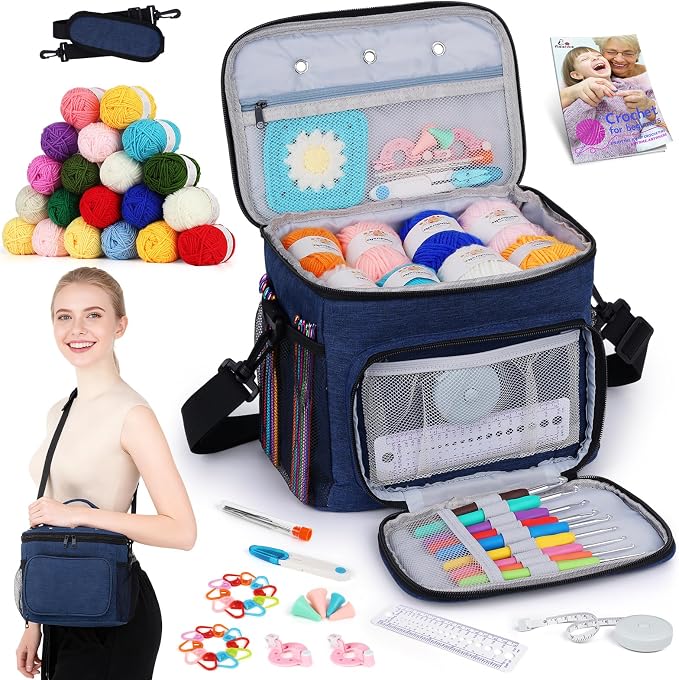 Aeelike Crochet Kit for Beginners Adults, Complete Yarn Kit, Navy | 87 PCS Crochet Kits for Beginners All-inclusive Crochet Set with Yarns Hooks Step-By-Step Instruction Storage Bag, Ideal Gift