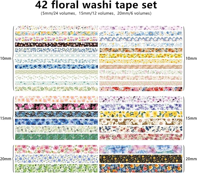 Bomichi 42-Roll Floral Thin Washi Tape Sticker Set 3 Meters per Roll