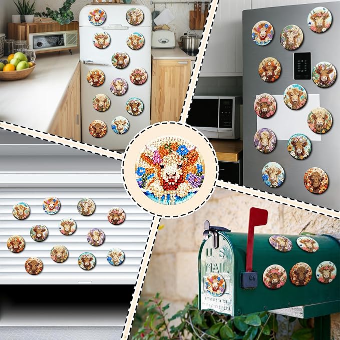 Zonon 12 Pcs Highland Cow Diamond Art Magnets, Diamond Painting | Easy DIY Kits for Adults, Magnetic Animal Stickers for Fridge, Stress Relief Craft Activity, Home Decoration Accessories