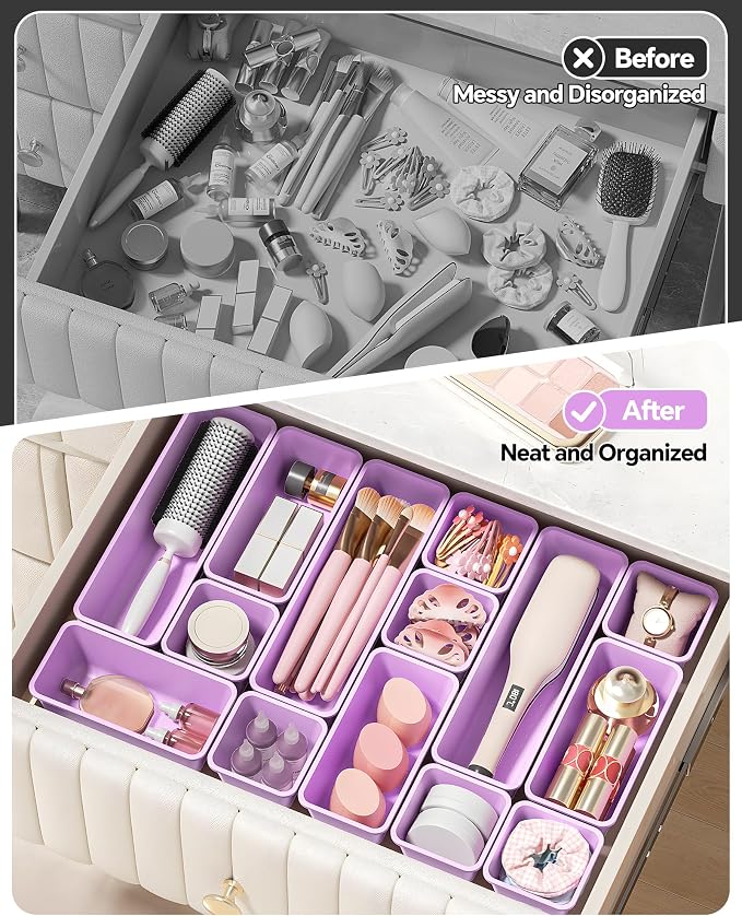 Canfanni 13 Pack Plastic Drawer Organizers Set, 3 Sizes Desk Drawer Organizer Trays for Vanity and Makeup Organizer, Organization and Storage for Makeup, Kitchen Utensils, Bathroom and Office(Purple)