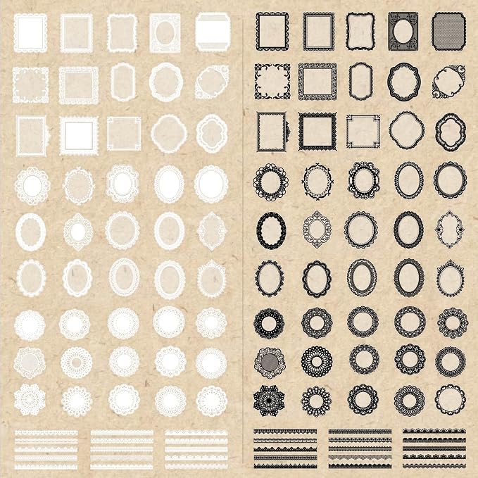 PRSTINCOL 240 PCs Lace Scrapbook Stickers,Waterproof Cutout Transparent Sticker PET Transparent Lace Stickers for Scrapbooking DIY Decoration Making Notebook Frame Album Handmade(Black and White)