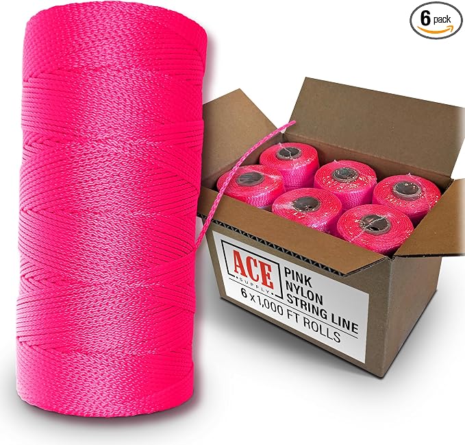 Pink Mason Line String Line - #18 Braided Nylon String - 6,000 Ft Length - Nylon Twine for Gardening Or Masonry Tools - Perfect Construction String for A String Level, Twine String for Gardening