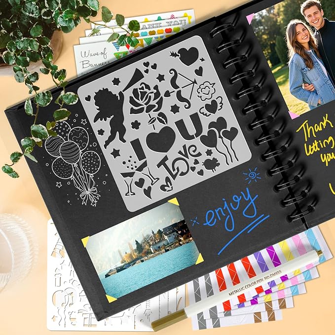 GOTIDEAL 7 x 7 Inch Scrapbook Album with Metallic Markers, Black, 40 Pages | Kraft Paper Photo Albums for Wedding & Anniversary, Family DIY Scrap Books with Scrapbooking Stickers Corners
