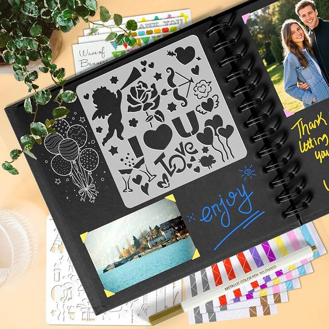 GOTIDEAL 8 x 8 Inch Scrapbook Album with Metallic Markers, Black, 40 Pages | Kraft Paper Photo Albums for Wedding & Anniversary, Family DIY Scrap Books with Scrapbooking Stickers Corners