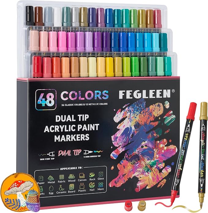 48 Colors Acrylic Paint Markers,Dual Tip Acrylic Markers with Fine Tip and Brush Tip Contain 12 Metallic Colors for Rock Painting,Egg,Wood,Glass,Canvas,Fabric,Ceramic,Crafts,Art Supplies