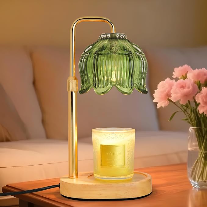 XJZJY Green Flower Candle Warmer Lamp with Timer, Birthday Gifts for Women | Dimmable wax melt warmer with 2 bulbs for jar candles, height adjustable, lotus flower lamp, home decor, housewarming gift