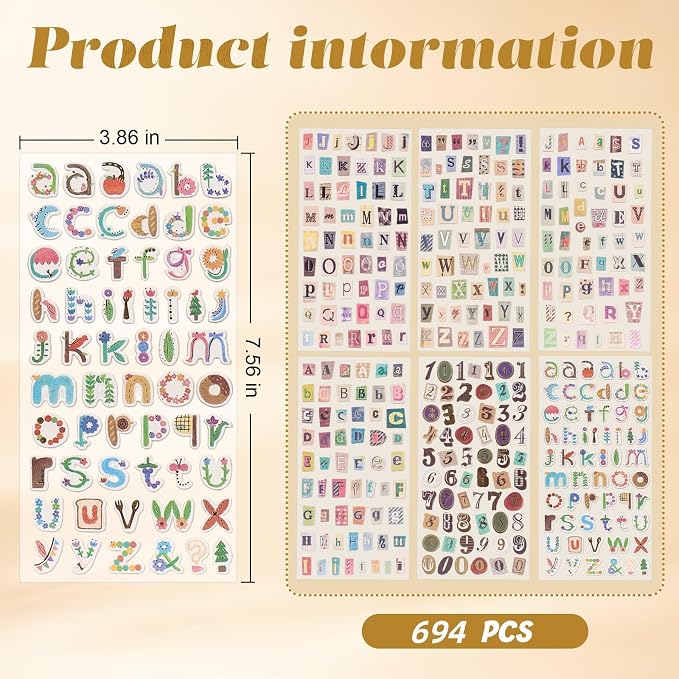 694PCS Vintage Letter Stickers for Scrapbooking, DIY Crafts | Vintage Scrapbook Stickers with Retro Letters and Numbers, Waterproof Vinyl Design for Junk Journals, Diy Crafts and Albums.
