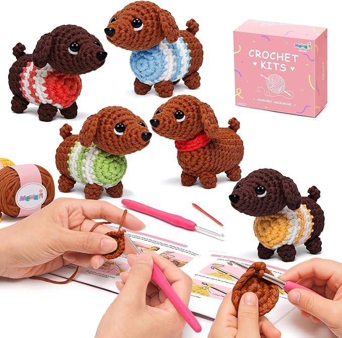 Mewaii Crochet Kit for Beginners, 5 Pack Dachshund Dog Craft Set | 40% Extra Yarn, Video Tutorial, Pre-Started Piece, Beginner Friendly, Family Craft Gift for Adults & Kids