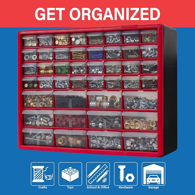 Akro-Mils 44-Drawer Plastic Storage Cabinet, 20" W x 6" D x 16" H, Red | Plastic Cabinet w/ Drawers for Garage Organization, Beads, Building Bricks Storage, Teacher Toolbox, Makeup Organizer, 10144