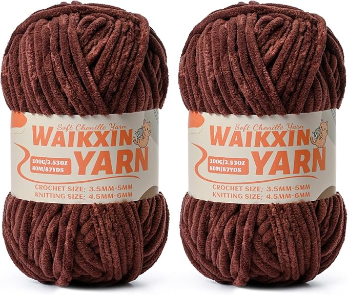 （2 Deep Coffee） 2 Pack Super Soft Fuzzy Chenille Chunky Yarn for Crocheting, 200g (175yds) Fluffy Velvet Yarn for Hand Knitting Baby Blankets Weaving Craft