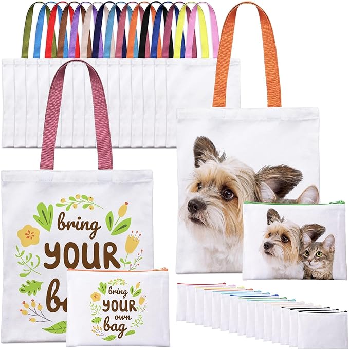30-Pack Sublimation Blanks Tote Bags, 15 Canvas Tote & 15 Makeup Bags | customized handle colors, reusable heat transfer blanks, Ideal for DIY Crafts, business Ads & Christmas for women, men