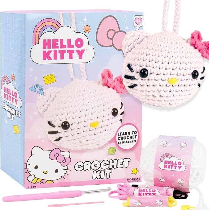 Hello Kitty® and Friends Crochet Kit – Hello Kitty® Bag Charm, Sanrio Crochet Kit for Beginners with Yarn, Starter Hooks, Step-by-Step Tutorials, DIY Craft, Great Teen Gifts