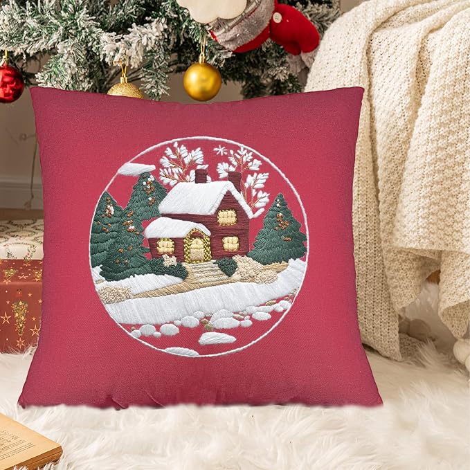FONNUY Christmas Embroidery Kit for Beginners, Throw Pillow Case Cross Stitch Set Winter Snow House Holly Tree Pattern for Adults, Hand Works Crafts Throw Pillow Cover, 18 x 18'' (Red)