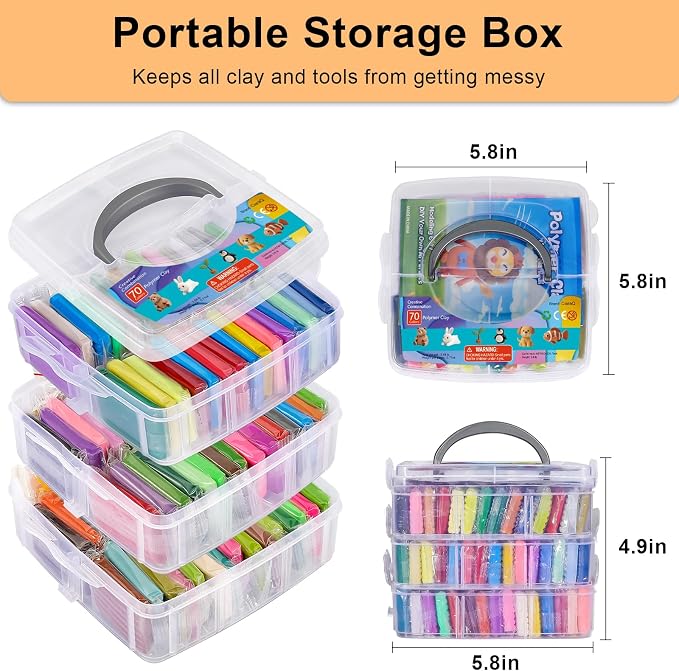 CiaraQ 70-Color Polymer Clay Oven Bake Modeling Kit | 14 tools, 3‑layer box, silicone mold, accessory pack, guide. Great for gifting, school, home, kids & artists.