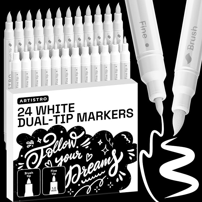 ARTISTRO 24 White Dual-Tip Acrylic Paint Marker Pens for Drawing | For Fabric, Rock, Glass, Wood, & Molds, Arts & Crafts Gift for Adults, Teens, & Kids, Classroom Must Haves & School Supplies