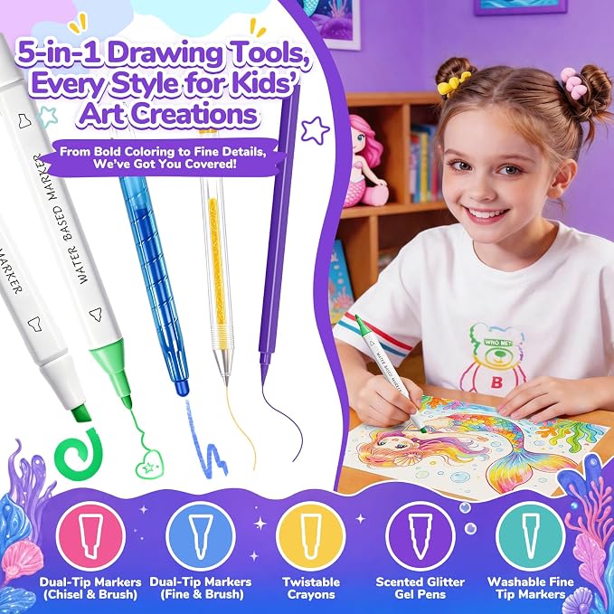 DreamyCandy 70 Pcs Washable Markers Set for Kids 4-8, Mermaid Art Set Gifts