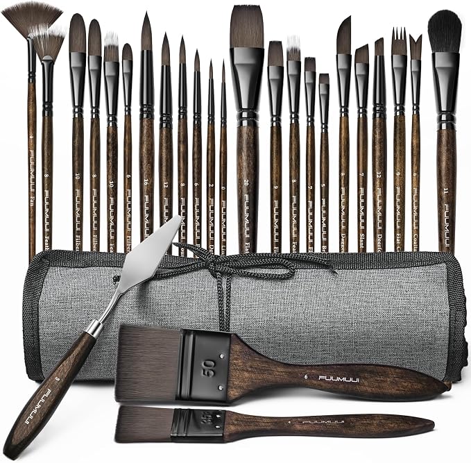 Fuumuui 26pcs Professional Paint Brush Set - High-Grade Series Synthetic Nylon Paint Brushes for Landscape, Acrylic, Oil, Watercolor, Gouache - Multi-Functional Universal Free Style for Art Supplies